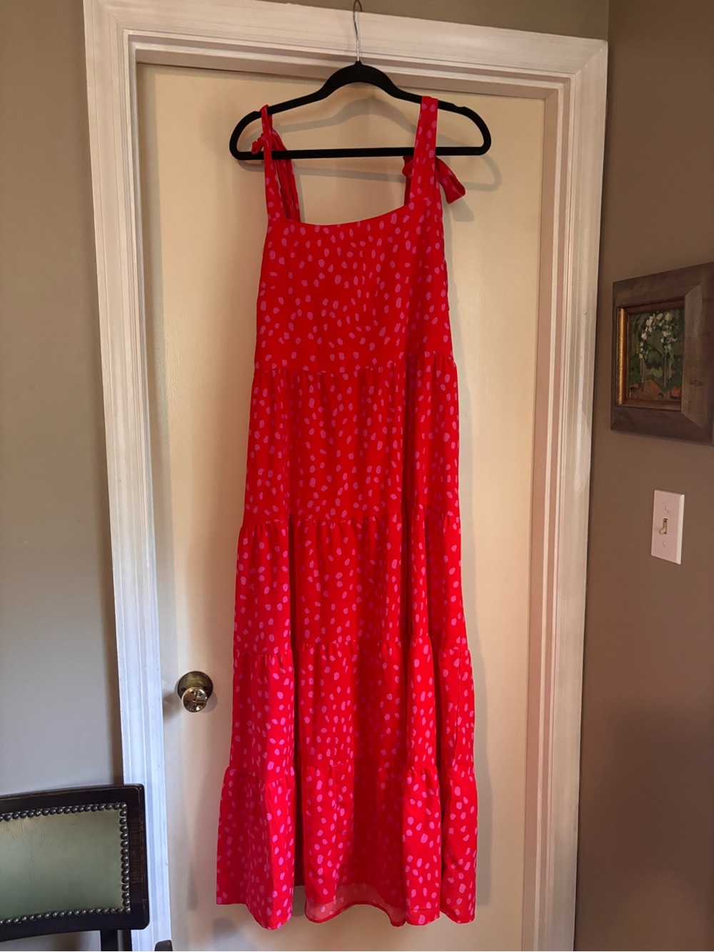 Red Tie-Shoulder Tiered Maxi Dress size M